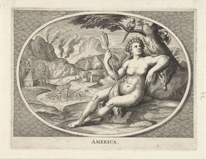 Manner-Amerikan naispuolinen personifikaatio naisena, jolla on höyhenpäähine ja nuoli maisemassa Amerikka (otsikko esineessä) tekijältä Cornelis van Dalen (II)