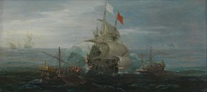 Ranskalainen laiva ja barbaarimerirosvot, noin 1615 (öljy tammipaneelille). tekijältä Cornelius Bol