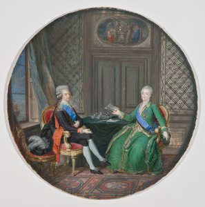 Venäjän kuningas Kustaa III ja Katariina II Fredrikshamnissa 1783 (akvarelli pergamentille) tekijältä Cornelius Hoyer