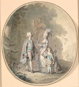 Kustaa III, kuningatar Sofia Magdalena ja kruununprinssi Gustav Adolph kävelemässä Hagaparkenissa. tekijältä Cornelius Høyer