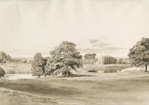 Betley Hall: seepiapesupiirustus, lokakuu 1820 tekijältä Cornelius Varley