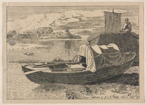Veneitä joella, Tuulimylly kaukana, 1809. tekijältä Cornelius Varley
