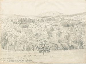 Wrottesley Hall - Näkymä Malvern Hillsille: lyijykynäpiirros, 1820 tekijältä Cornelius Varley