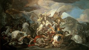 Legendaarinen Clavijon taistelu, jossa Asturian kuningas Ramiro I (791-850) voitti muslimit apostoli Pyhän Jaakobin avulla vuonna 845, luonnos Madridin kuninkaallisen palatsin kupolissa tehdyn maalauksen jälkeen (öljy kankaalle)