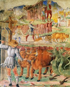 Maatalouskuva, yksityiskohta Ceresin voitosta, kohtaus elokuulta n. 1470, Cosimo Tura ja Ercolen mestari, fresko, pohjoisseinä, Kuukausien sali, Palazzo Schifanoia (Ilon palatsi), Ferrara, Emilia- Romagna. Italia