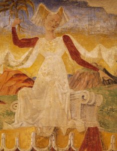 Ceres maissintähkät käsissään, yksityiskohta Triumph of Ceresistä, kohtaus elokuulta n. 1470, Cosimo Tura ja Ercolen mestari, fresko, pohjoisseinä, Kuukausien sali, Palazzo Schifanoia, Ferrara, Emilia- Romagna, Italia