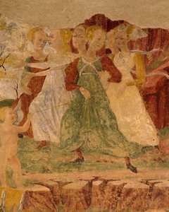 Proserpinen piikojen epätoivo, yksityiskohta Triumph of Ceresista, kohtaus elokuusta, Cosimo Tura ja Ercolen mestari, fresko, pohjoisseinä, Kuukausien sali, Palazzo Schifanoia (Ilon palatsi), Ferrara, Italia, noin 1470