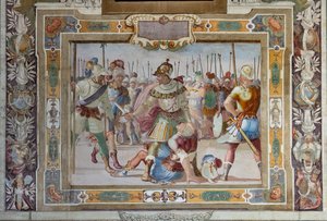 Taistelukohtaus Godfrey of Bouillonin asiakirjoista Jerusalemin valtauksen yhteydessä, noin 1589-94 (fresko).