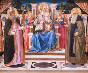Enkeleiden, St Nicholasin ja St Anthony the Abbotin kiehtoneet Madonna ja lapsi tekijältä Cosimo Rosselli