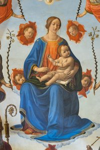 Madonna lapsen kanssa kunniassa, pyhä Ambrose, pyhä Franciscus Assisilainen, Isä Jumala ja enkelit, alttaritaulu, yksityiskohta (fresko) tekijältä Cosimo Rosselli