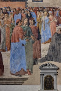 Uusplatonisten humanistien ryhmä (vasemmalta Marsilio Ficino, Giovanni Pico della Mirandola ja Agnolo Poliziano): yksityiskohta "Sakramentin ihmeestä", fresko (fresko)