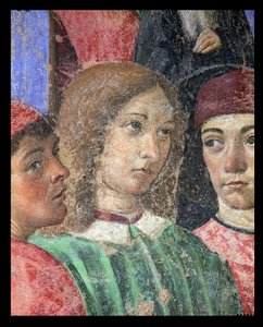 Piispan kulkue S. Ambrogion kirkon edessä, yksityiskohta Polizianon 1454-94 freskosta Pico della Mirandolan 1463-94 ja Marsilio Ficinon 1433-99 1468 freskosta.
