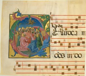Käsikirjoituksen valaistus Neitsyen taivaaseenastumisen kanssa alkukirjaimessa G, 1450-60.