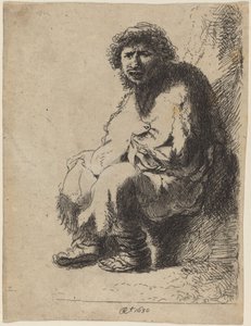 Kerjäläinen istuu pankissa tekijältä Costantino Cumano after Rembrandt van Rijn