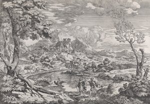 Maisema miehen kanssa, joka näyttää Merkuriukselle Jupiterin kotkan, n. 1695-99.
