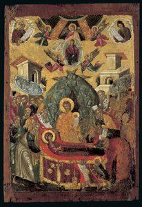Neitsyen Dormition (munan tempera puulla kuparilla)