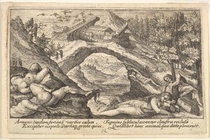 Vedenpaisumuksen jälki: etualalla kuivalle maalle levitetyt ihmisruumiit, Nooan arkin nummi..., 1612.