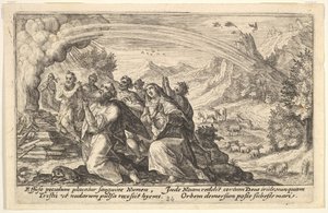 Jumala tekee liiton Nooan kanssa: savuavan tulipalon vieressä Nooa polvistuu p..., 1612.