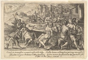 Ihmiskunta antautumassa juoruukselle ennen vedenpaisumusta: pariskuntien syleily penkillä ta..., 1612.