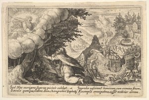 Nooa polvistuu Jumalan edessä vasemmalla, arkin rakennustyöt meneillään sen takana, seri..., 1612.