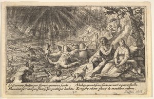 Vedenpaisumuksen alku: miehet ja naiset kiipeävät korkeammalle oikealle, vesi ohittaa..., 1612.