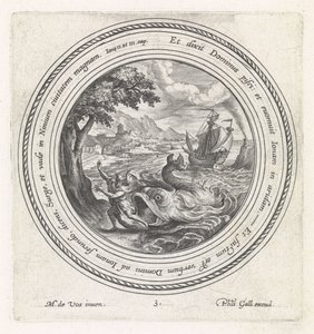Kalat sylkevät Joonan maahan History of Jonah (sarjan nimi) tekijältä Crispijn van de Passe (I)