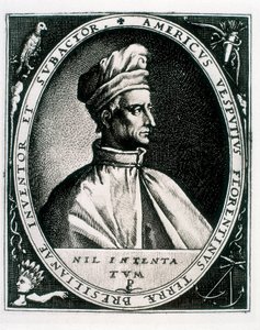 Amerigo Vespuccin muotokuva, merkintä "Americus Vesputius Florentinus Land of Bresilian Inventor Subactor" (kaiverrus)