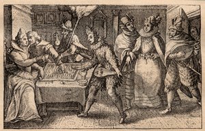 Backgammon-juhla kiertelevien pelaajien kanssa - hollantilainen kuparilevykaiverrus; vedossarjasta Hortus Voluptatem, kirjoittanut Crispin de Passe (1550-1643) - Backgammonia pelaava pariskunta yllättynyt Crispin de Passe l