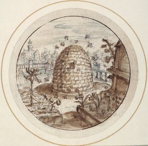 Mehiläispesä, 1600-luvun alku (kynä ja ruskea muste ruskealla ja harmaalla pesuaineella)