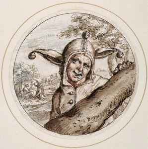 Hullu lippalla ja kelloilla, 1600-luvun alku (kynä ja ruskea muste ruskealla, harmaalla ja ruusulla)