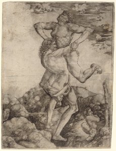 Hercules ja Antaeus tekijältä Cristofano Robetta, after Antonio del Pollaiuolo