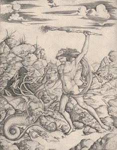 Hercules ja Hydra, soihtua käyttäessään, hän hyökkää siivekkääseen, monipäiseen Hydr..., n. 1500-1520. tekijältä Cristofano di Michele Martini
