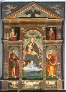 Kruunattu Madonna ja lapsi enkelien kanssa, Pyhä Paavali, Pyhä Pietari tekijältä Cristoforo (fl.1525 1578) & Pancalino Raffaele (fl.1514 1573) Pancalino