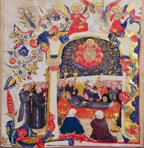 Asuttu alkukirjain "A", joka kuvaa Pyhän Fransiskuksen hautajaisia, noin 1410.