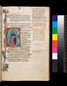 Ms 325. Lucan, Bellum Civile ja muita teoksia, f.10r. Valaistu alkukirjain [B], jossa on täyspitkä tekijän muotokuva, joka ulottuu osittaiseen lehtien reunaan, n. 1400-10 (pergamentti)