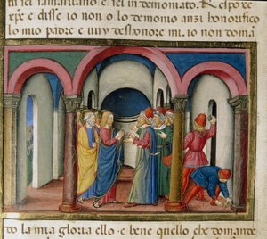 Juutalaiset käsittelivät Jeesusta lähellä Salomon temppeliä, jotka pyysivät häntä todistamaan hänen pienoishenkilöllisyytensä Cristoforo De Predis (1440-1486) Uuden testamentin historian jälkeen tekijältä Cristoforo De Predis
