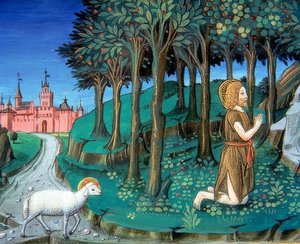 Johannes Kastaja rukoilee kaupungin porteilla (c.143v). 1476 tekijältä Cristoforo De Predis