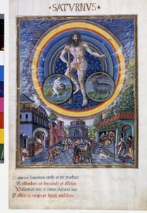 Saturnus, jossa on vesimiehen ja kauriin horoskooppimerkkejä. Alakerrassa pelikohtaukset ja sen vaikutus miehiin. Miniatyyri, jonka on tehnyt Cristoforo de Predis (v. 1440-v. 1486) - "" De Sphaera""" d