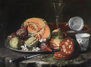 ""Asetelma"" (Asetelma) Meloni, makkara, viikunat ja kiinalainen posliini Cristoforo Monarin (Munari) maalaus (1667-1720), - Öljy kankaalle, 44x56 - Fondation Custodia