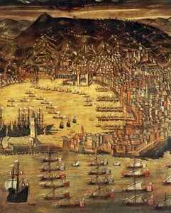 Näkymä Genovaan ja sen satamaan, Cristoforo Grassin maalaus (1565-1598), Italia tekijältä Cristoforo de Grassi