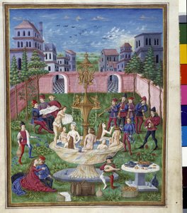 Merkuriuksen vaikutus: Rakkauden puutarha ja nuoruuden lähde. Miniatyyri, jonka on tehnyt Cristoforo de Predis (v. 1440-v. 1486) - "" De Sphaera""" d