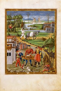 Kuun vaikutus: kalastuksen, metsästyksen ja maatalouden kohtaus (pienoiskuva, n. 1470) tekijältä Cristoforo De Predis