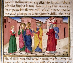 Jeesus puhuttelee aviorikokseen syyllistynyttä naista Cristoforo De Predisin (1440-1486) pienoismalli Uuden testamentin historian jälkeen (61) tekijältä Cristoforo De Predis