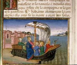 Jeesus käskee apostoleja menemään veneellä Kafarneumiin, kun hän menee rukoilemaan Cristoforo De Predisin (1440-1486) pienoisvuorelle Uuden testamentin historian jälkeen tekijältä Cristoforo De Predis