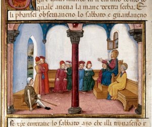 Jeesus sotii miehen kuivakäden pienoismallilla, jonka on kirjoittanut Cristoforo De Predis (1440-1486) Uuden testamentin historian jälkeen (81) tekijältä Cristoforo De Predis