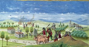 Ryöstely sodan aikana. yksityiskohta "" Sun Influence "": Sota. Miniatyyri, jonka on tehnyt Cristoforo de Predis (v. 1440-v. 1486) - "" De Sphaera""" d