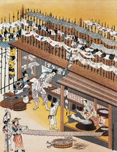 Käsityöläiset töissä, silkkikankaiden maalaus, Edo-kausi (1600-1868) tekijältä Culture Edo