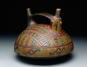 Kaksoisnokkainen hihnakahvallinen alus, joka kuvaa haukkaa, Early Horizon, Epoch 8, noin 500-400 eaa. (keraaminen ja hartsisuspendoitu maali) tekijältä Culture Paracas