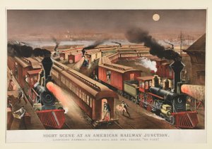 Yökohtaus Amerikan rautatieristeyksessä tekijältä Currier and Ives