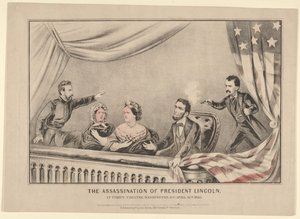 Presidentti Lincolnin salamurha Fords Theatressa, Washington D.C.:ssä, 14. huhtikuuta 1865, 1865. tekijältä Currier and Ives